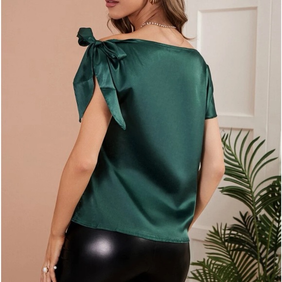 Luxe Satin Tie Shoulder Asymmetrical Neck Top Blouse Shirt Blush Dusty Pink - Picture 14 of 16